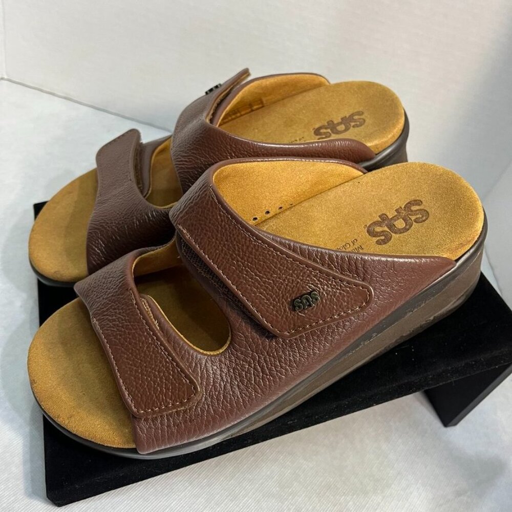 SAS Cozy Leather Adjustable Slide Sandals Amber Brown Tripad Comfort Women’s 6W